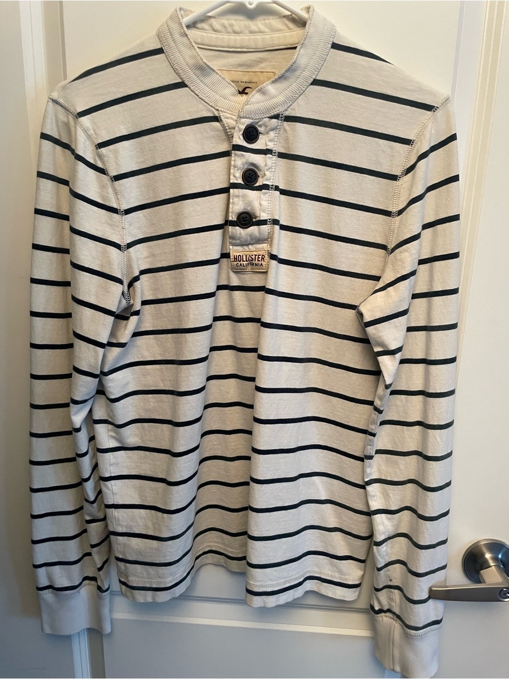 Hollister Cream and Black Striped Long-Sleeve Henley